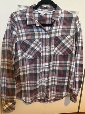 Women’s Plaid Button-Up Shirt - White, Gray & Mauve